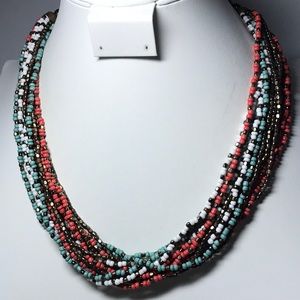 ZAD seed beaded necklace, multi color strands, red, mint, white, brown c…